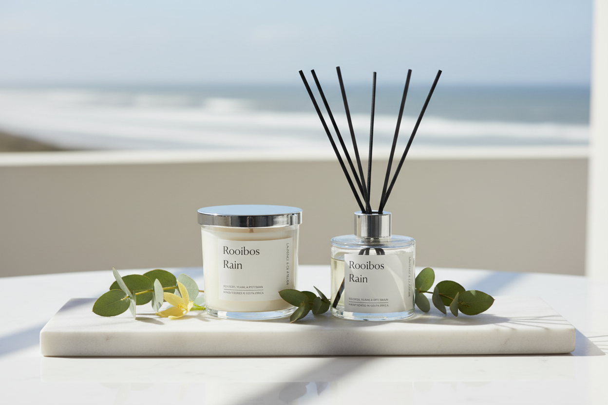 Rooibos Rain Candle and Diffuser with Matching Labels