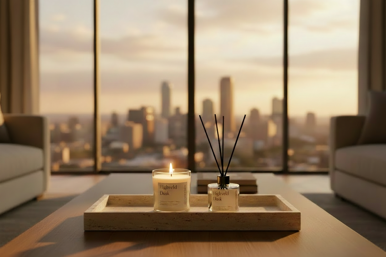 Highveld Dusk Set — No Lid, Lit Candle, Joburg Skyline